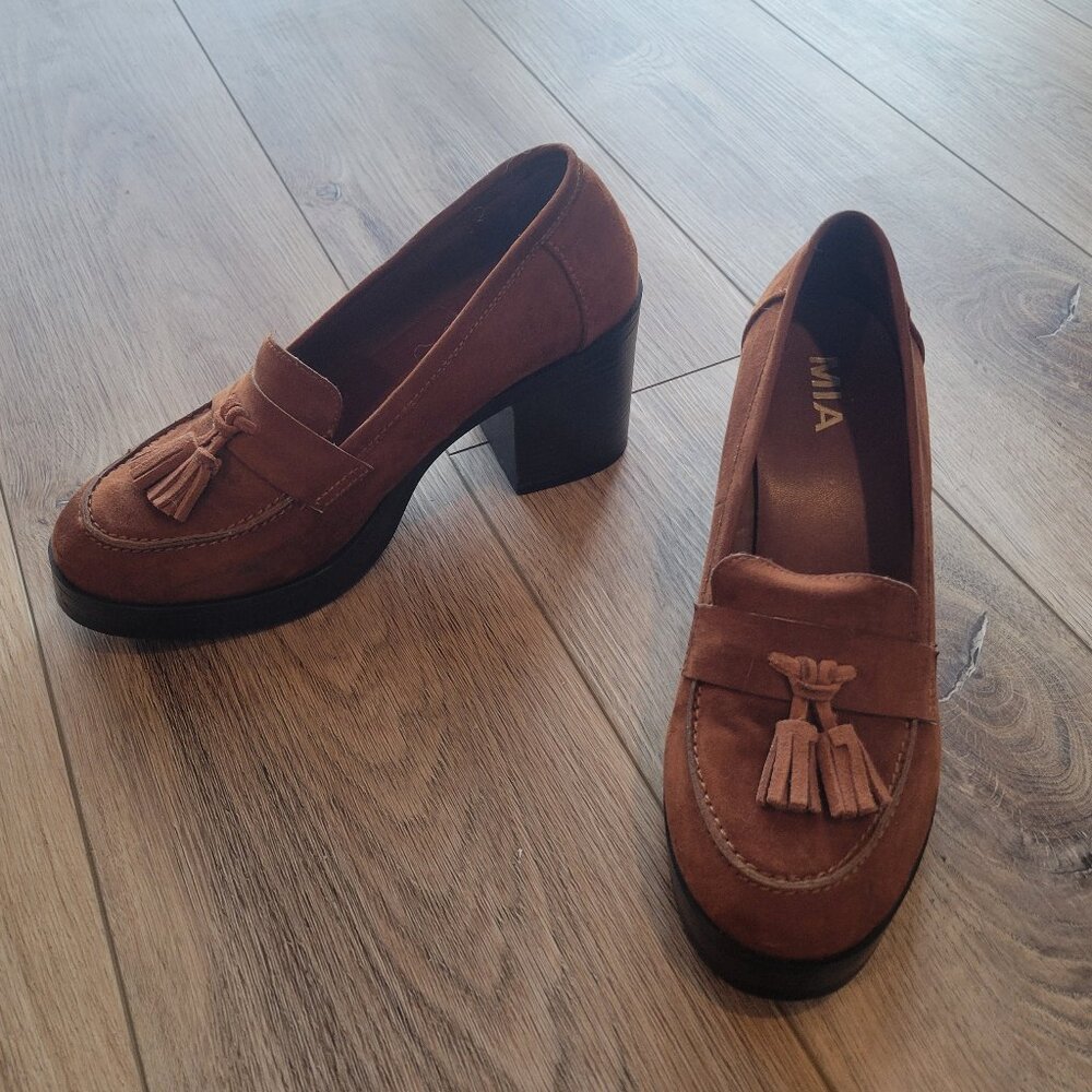 MIA Warm Brown Suede Tassel Heeled Platform Loafers Courts